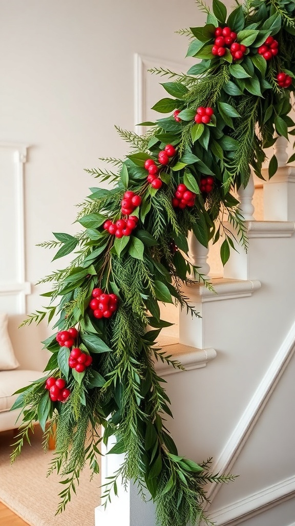 A traditional holiday garland with green leaves and red berries, elegantly draped over a staircase.