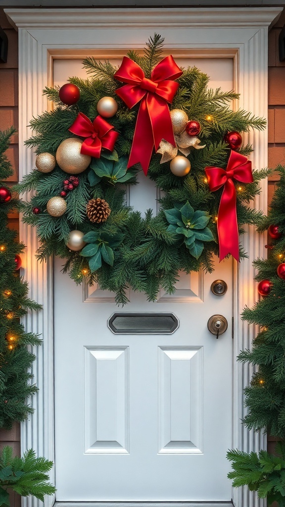 A beautifully decorated front door with a traditional holiday wreath featuring greens, red bows, and ornaments.