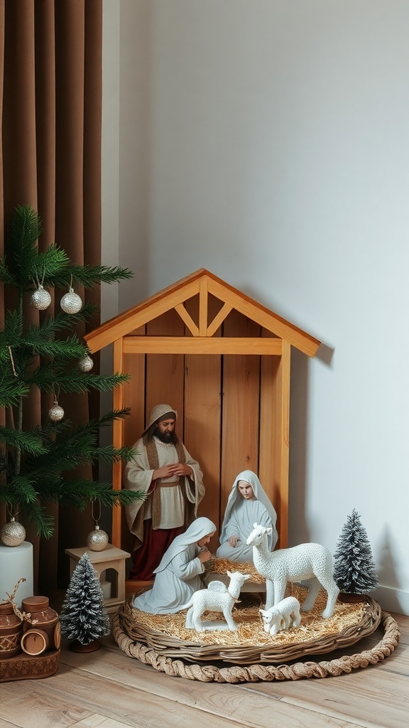 A traditional nativity scene with figurines of Mary, Joseph, and animals, surrounded by a small Christmas tree.