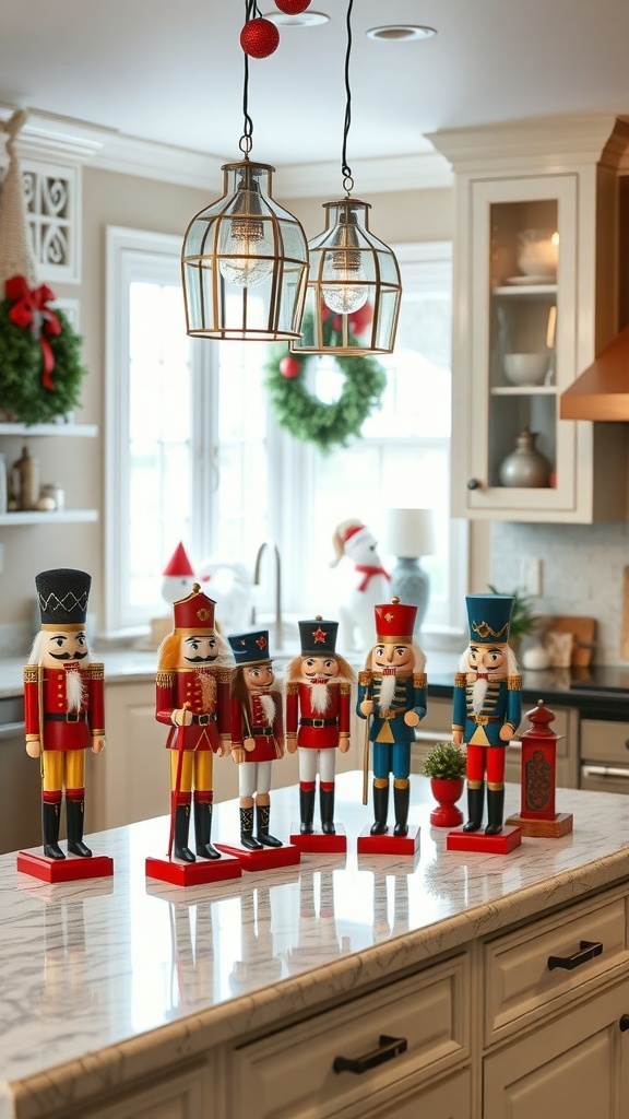 A traditional nutcracker display on a kitchen island decorated for Christmas.