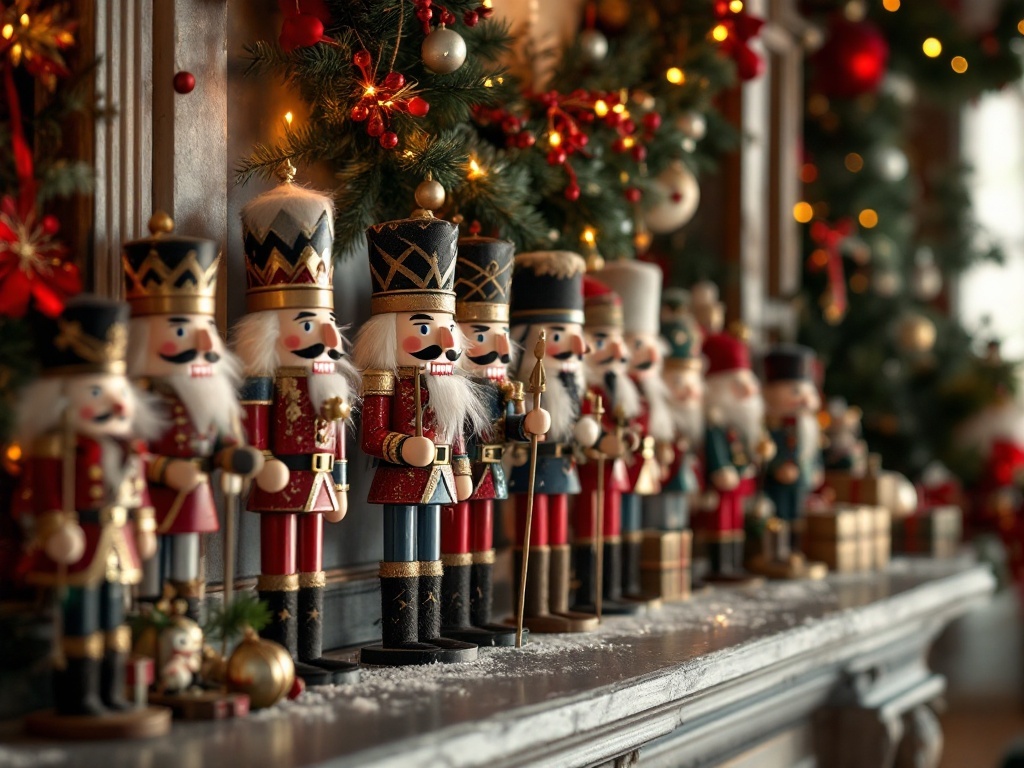 A collection of traditional nutcracker figurines displayed on a mantel, surrounded by Christmas decorations.