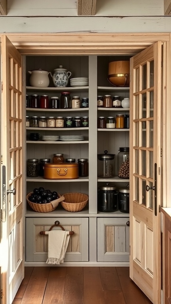 A traditional pantry with wooden doors, filled with jars and baskets.