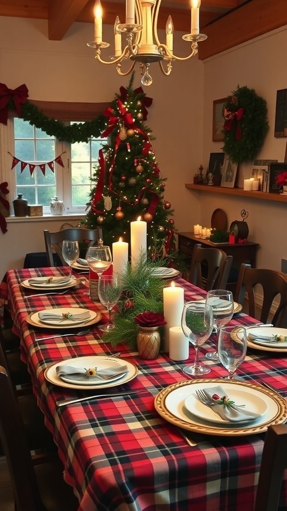 A beautifully set Christmas table with a plaid tablecloth, candles, and festive decorations.
