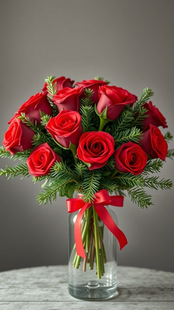 A traditional Christmas floral centerpiece featuring red roses and green evergreen in a glass vase.