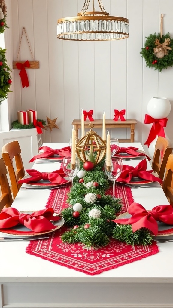 A beautifully set Christmas dining table with red and green decor, featuring a table runner, candles, and ornaments.