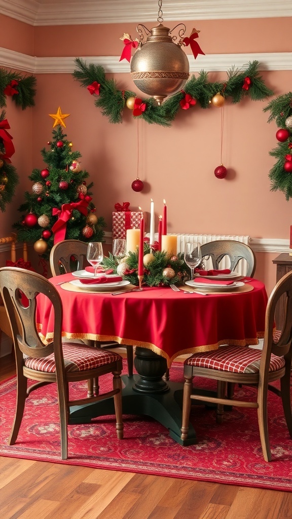 A beautifully decorated Christmas table with red and green elements.