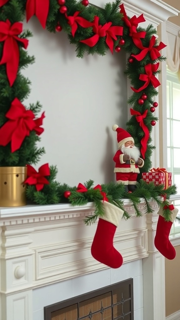 A beautifully decorated Christmas mantle featuring a garland with red bows, ornaments, and stockings.