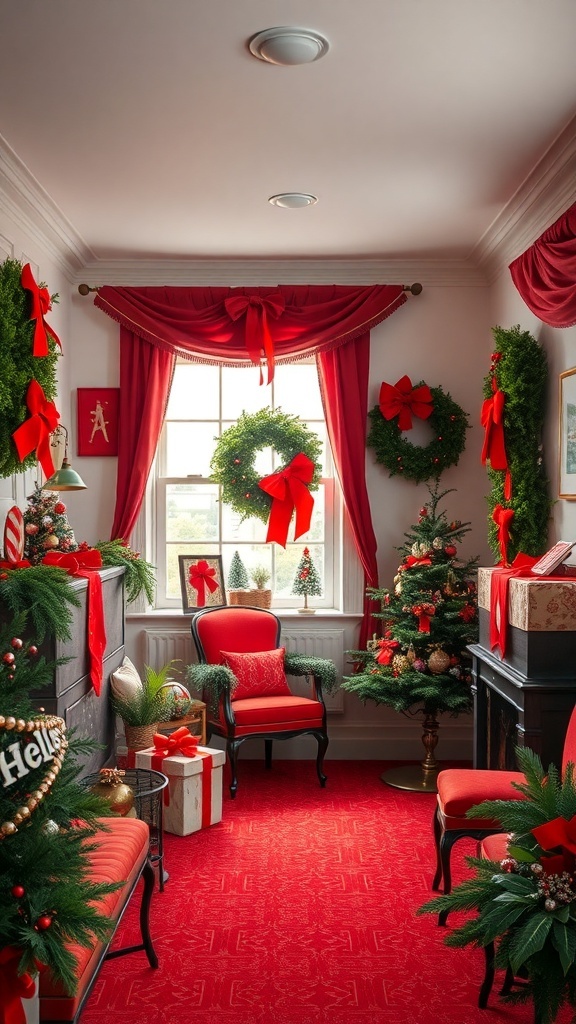 A cozy Christmas room decorated with red and green colors, featuring a Christmas tree, wreaths, and festive decorations.
