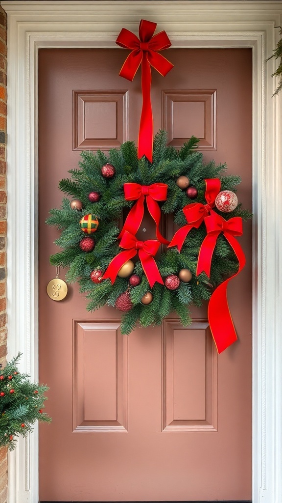 Traditional red and green winter wreath on a door