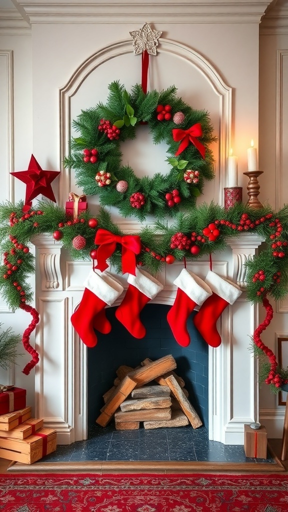 Traditional Christmas fireplace mantel decorated with red and green theme, featuring stockings, wreath, and ornaments.