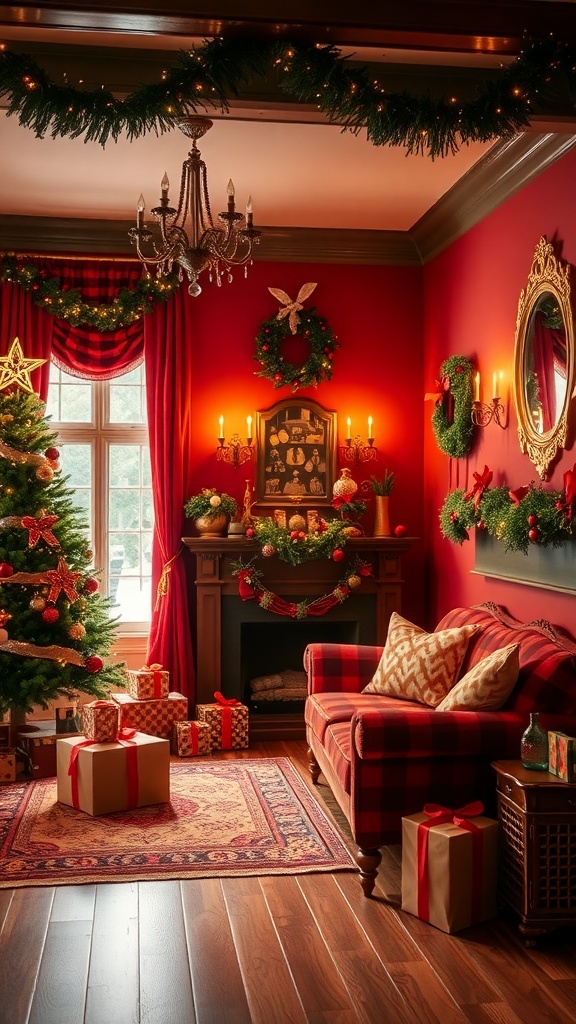 A cozy Christmas room decorated in traditional red and green with a tree, gifts, and festive accents.