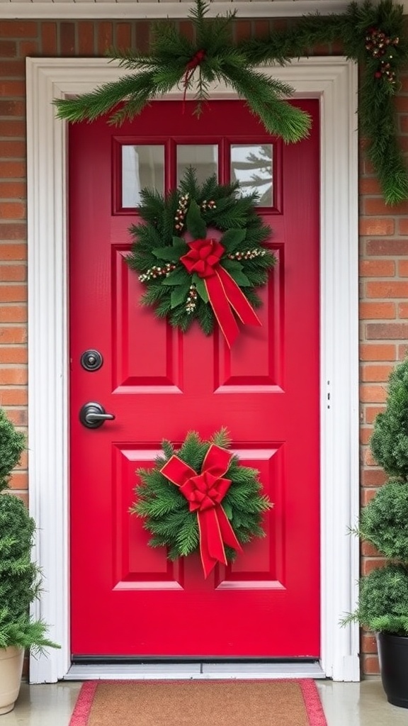 A traditional red front door decorated with green wreaths and garlands for Christmas.