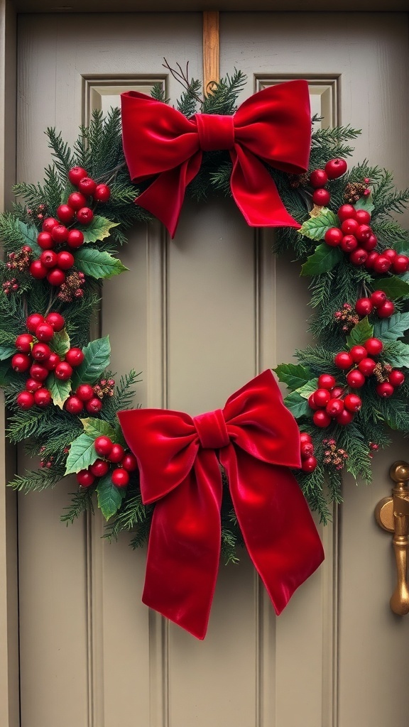 A winter wreath featuring a traditional red velvet bow, greenery, and red berries.