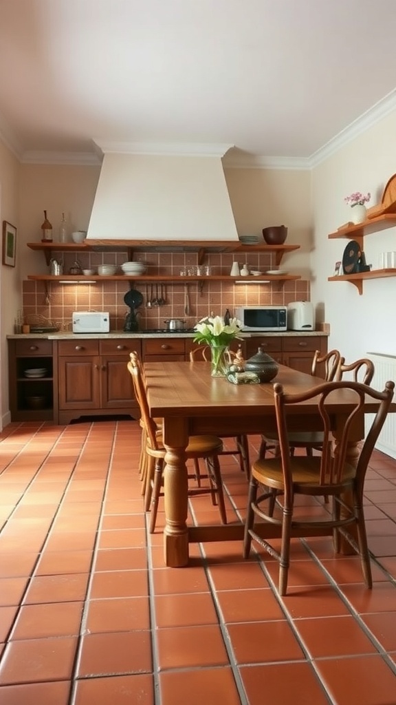 A cozy Italian farmhouse kitchen with traditional terracotta flooring, wooden furniture, and a warm atmosphere.