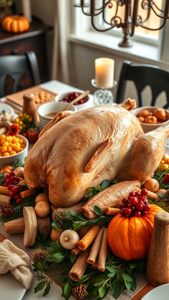 A traditional Thanksgiving turkey platter with a roasted turkey, sides, and autumn decorations.