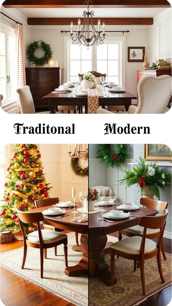 A comparison of traditional and modern Christmas dining room styles.