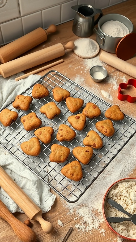 A cozy winter baking scene with freshly baked cookies on a cooling rack, surrounded by baking tools.