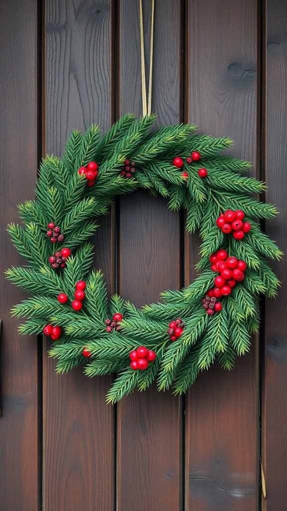 A traditional green wreath with red berries hanging on a wooden door.