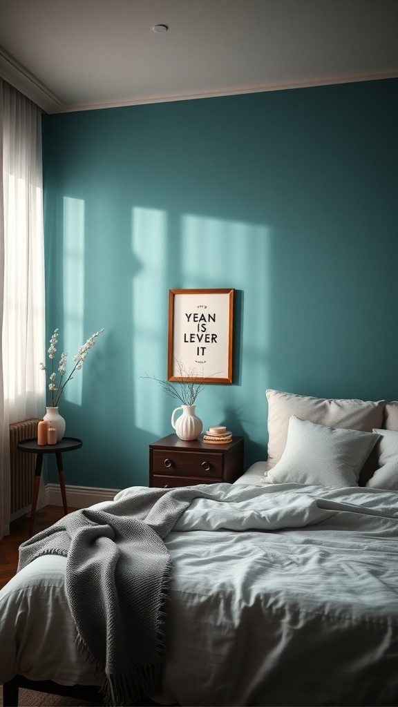 A cozy bedroom featuring a teal accent wall, soft bedding, and tasteful decor.