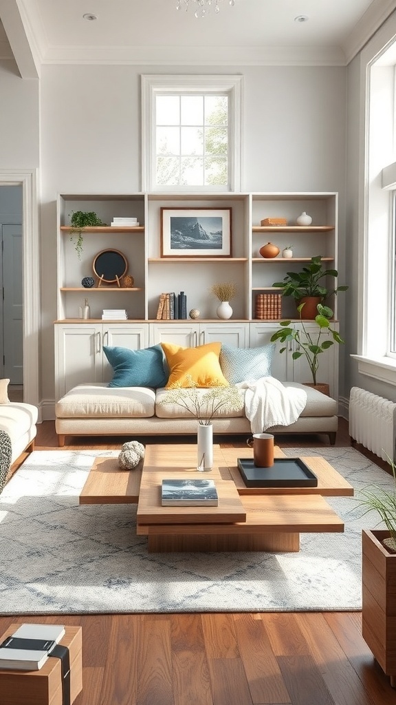 A modern farmhouse living room featuring a stylish coffee table with a clean design, surrounded by comfortable seating and decorative elements.