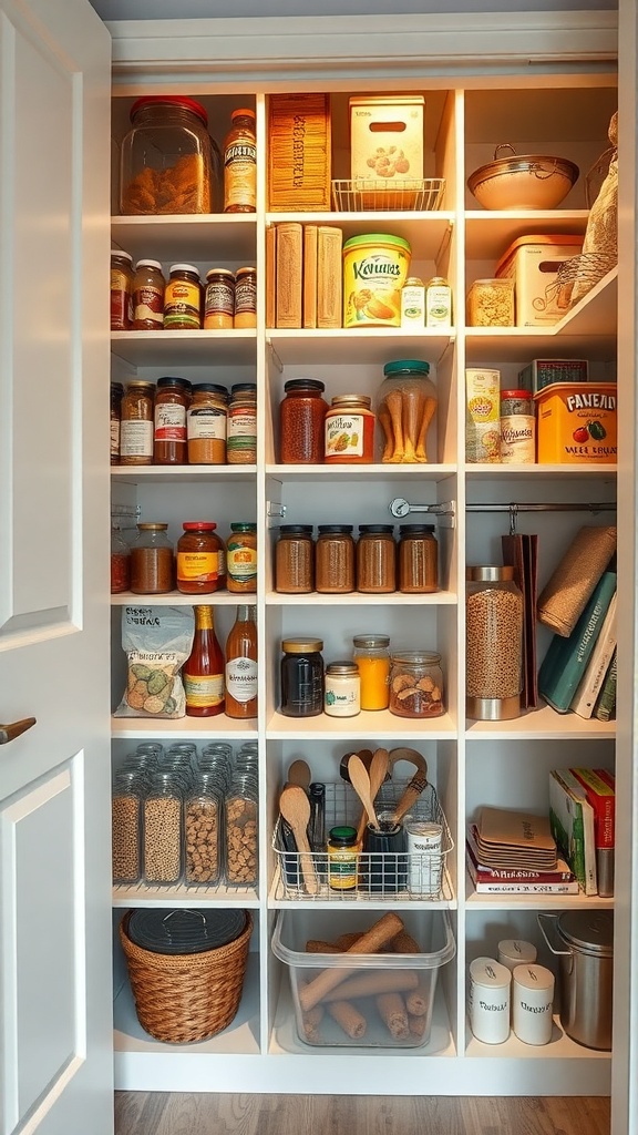 Organized pantry in a closet with jars, spices, and cooking essentials.