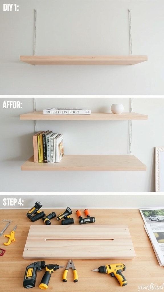 Before and after images of a room transformed with floating bookshelves.