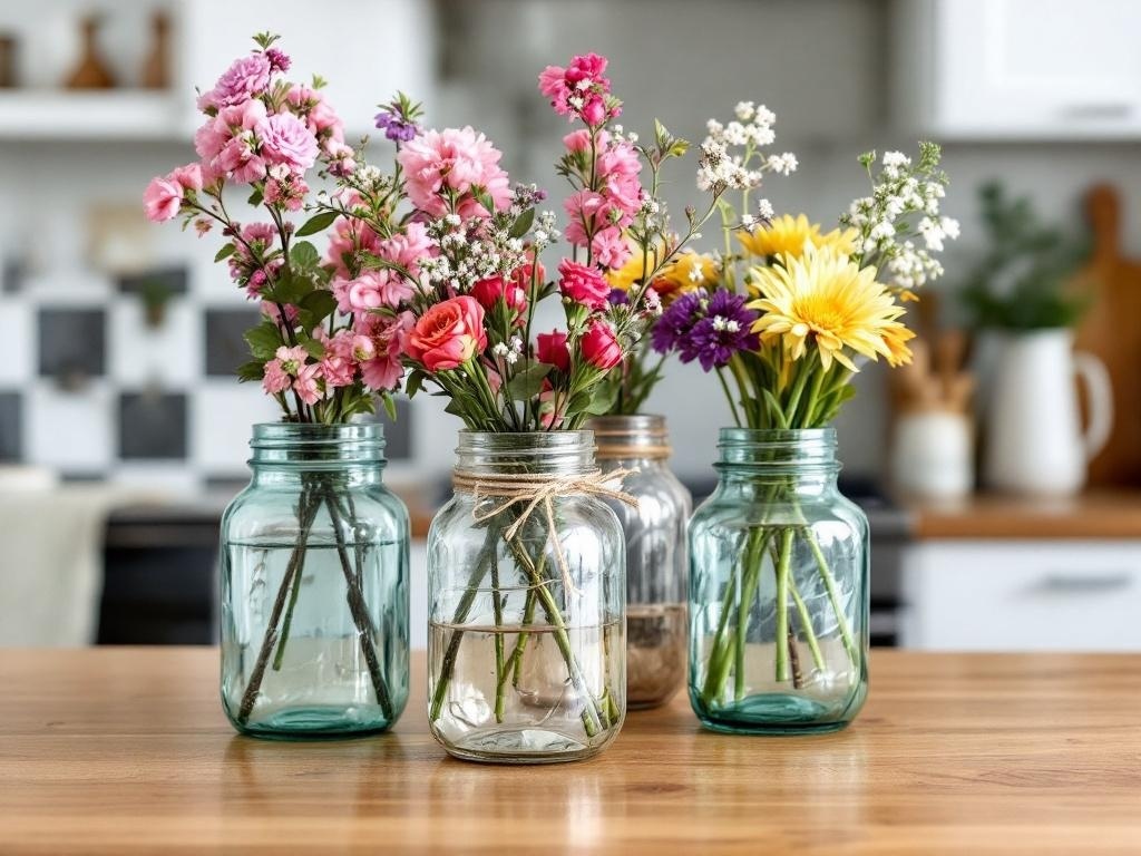 Colorful flowers in old jars on a wooden table