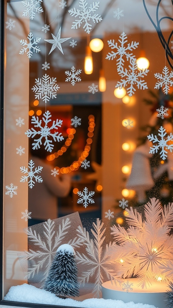 A window decorated with snowflake decals and a small pine tree, creating a wintery atmosphere.