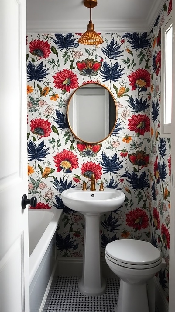 Small bathroom with vibrant floral wallpaper and modern fixtures.
