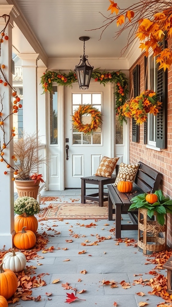 A beautifully decorated fall entryway with pumpkins, leaves, and cozy seating.