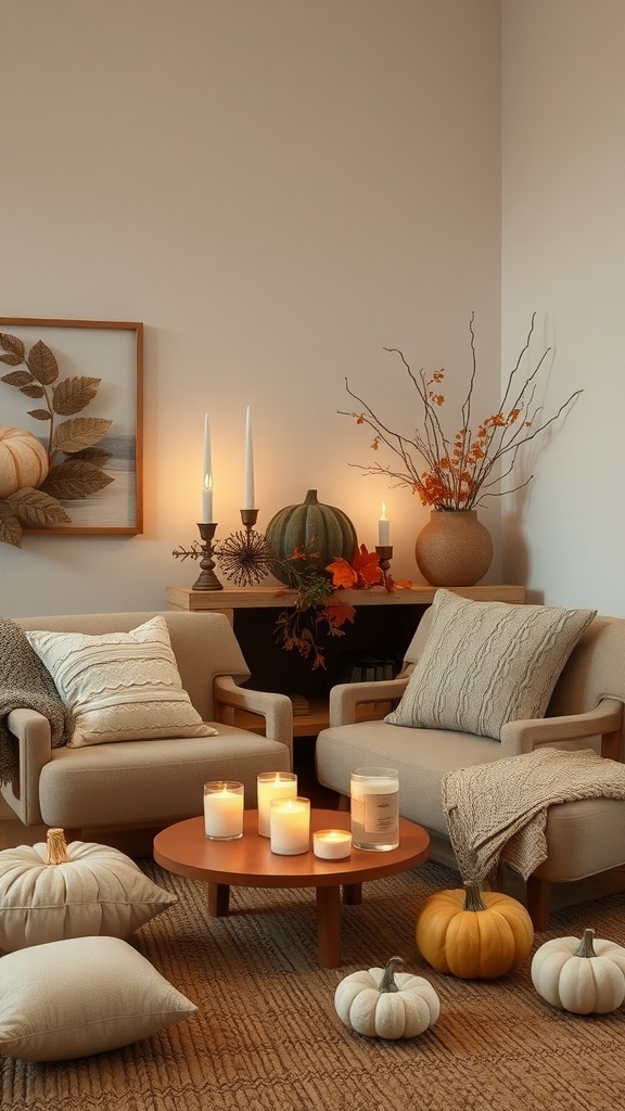 A cozy living room decorated for fall with candles, pumpkins, and autumn leaves.