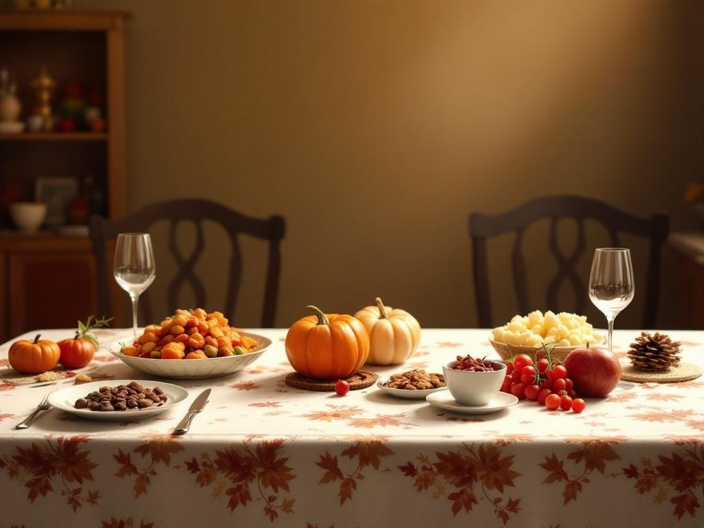 A beautifully set Thanksgiving table with a seasonal tablecloth and various dishes.