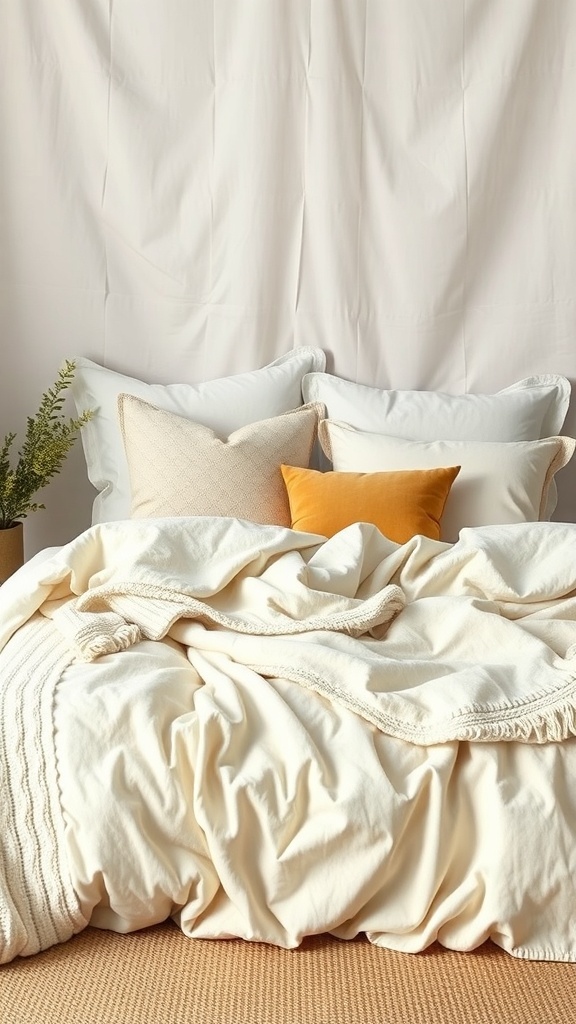 A cozy bed with cream bedding, layered pillows, and a plant, perfect for fall.
