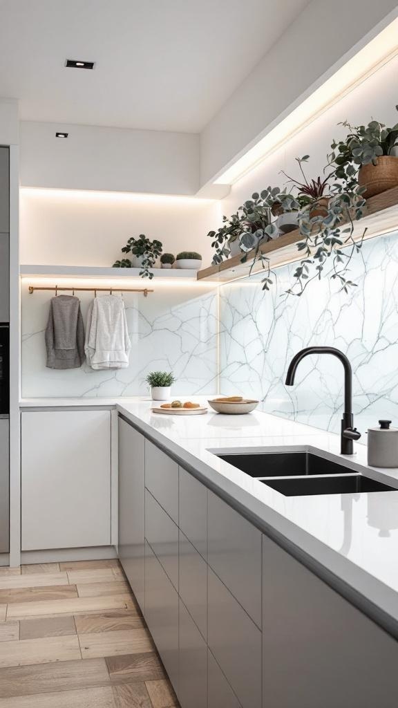Modern kitchen featuring translucent acrylic splashback with a marble pattern, sleek cabinets, and plants.