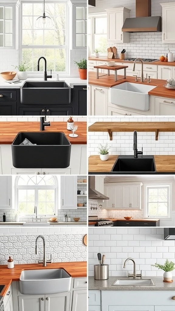 A collage of various farmhouse sink designs showcasing different colors and styles.