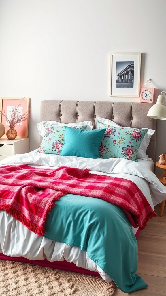 A stylish teen girl's bedroom featuring trendy bedding sets with floral and solid turquoise designs, complemented by a pink plaid throw.