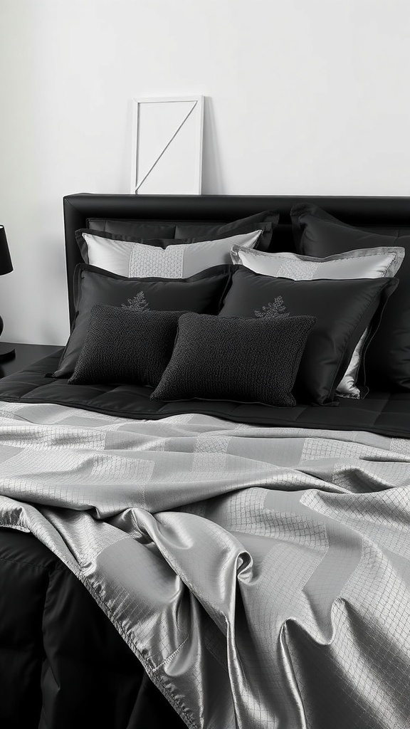 A stylish black and silver bedding set featuring various pillows and a textured comforter.