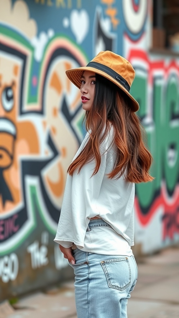 A woman wearing a trendy bucket hat, white top, and light blue jeans, standing in front of a colorful graffiti wall.
