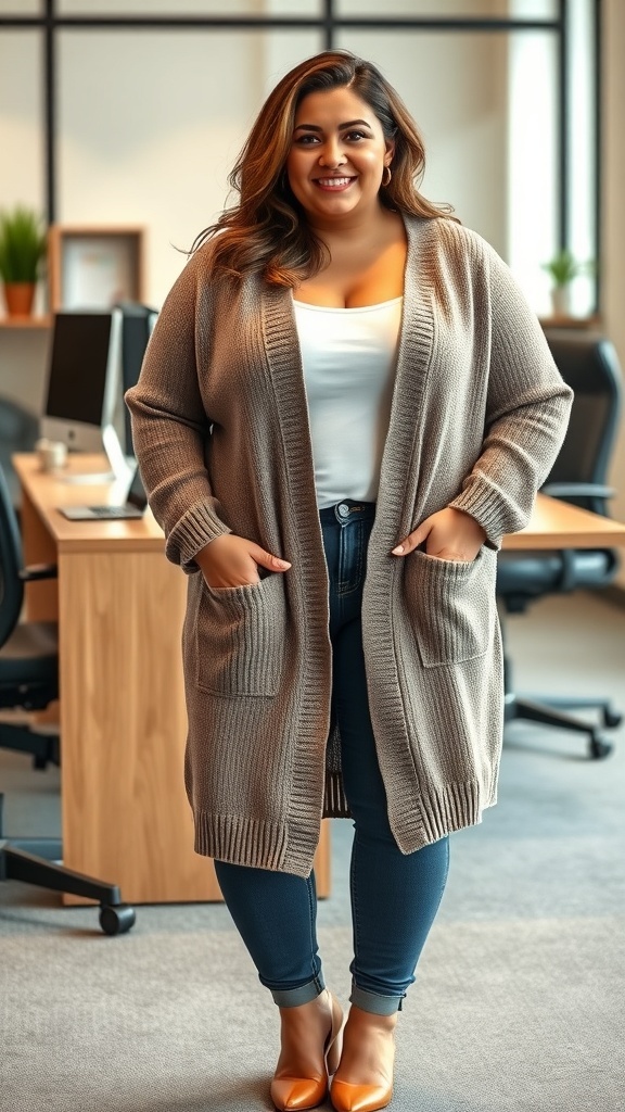 A cozy beige cardigan draped over an office chair in a modern workspace.