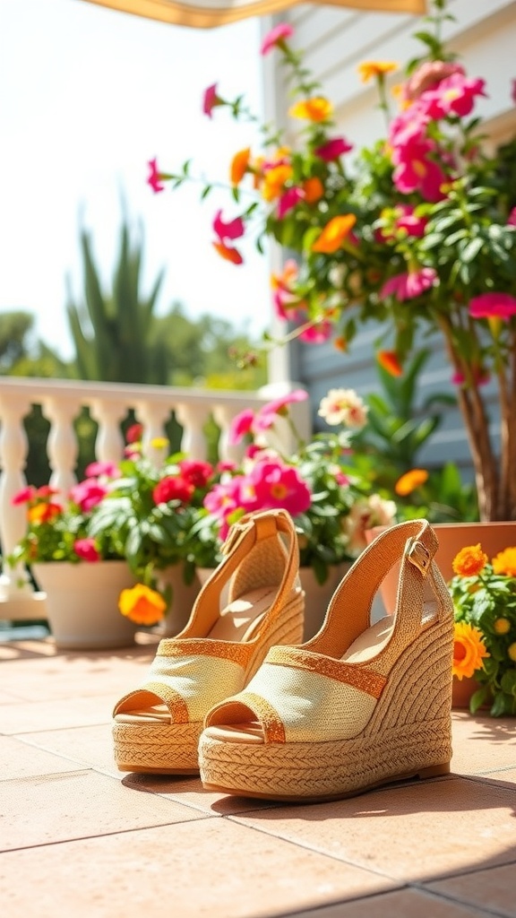 A pair of trendy espadrille wedges on a patio surrounded by colorful flowers.
