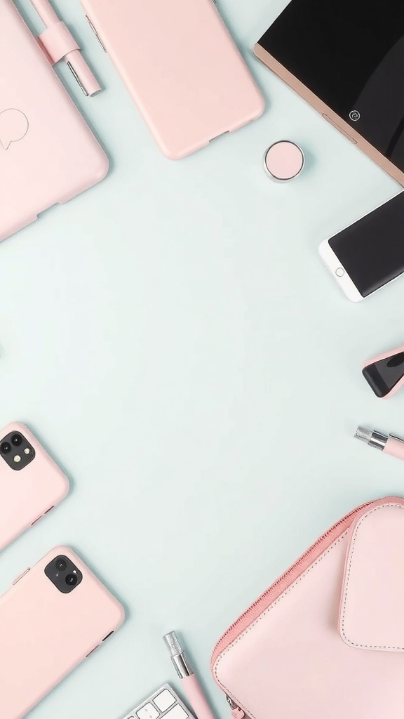 A collection of soft pink tech accessories including phone cases, a laptop, and a pen on a light background.