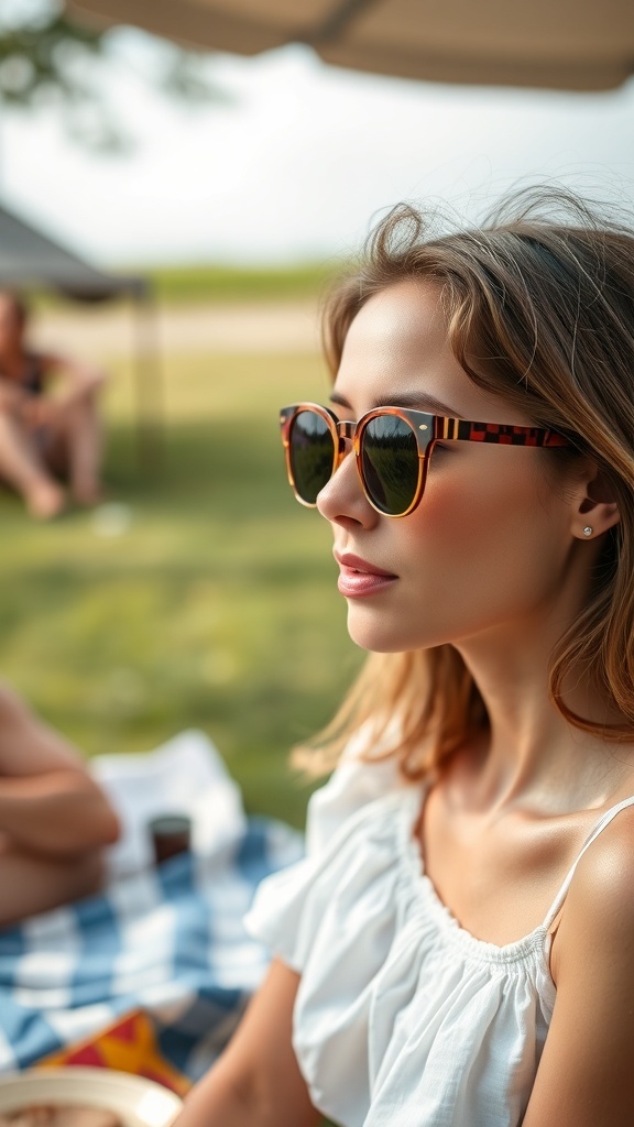 A woman wearing trendy sunglasses outdoors, enjoying a sunny day.