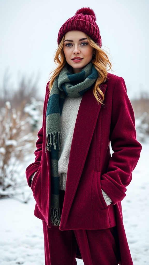A woman in a burgundy coat, cream sweater, and green plaid scarf, standing in a snowy landscape.