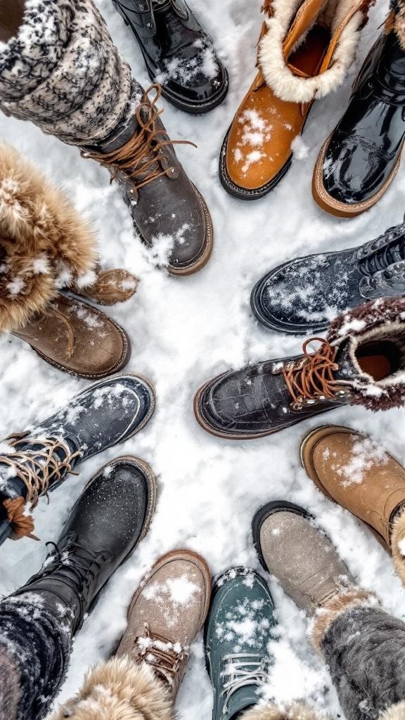 A variety of trendy winter boots in a circle on snowy ground.