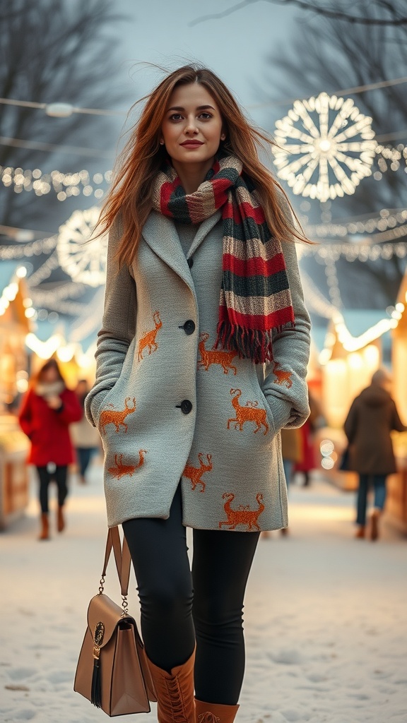 A woman in a stylish winter coat with cat prints, wearing a striped scarf, standing in a snowy setting with festive lights.