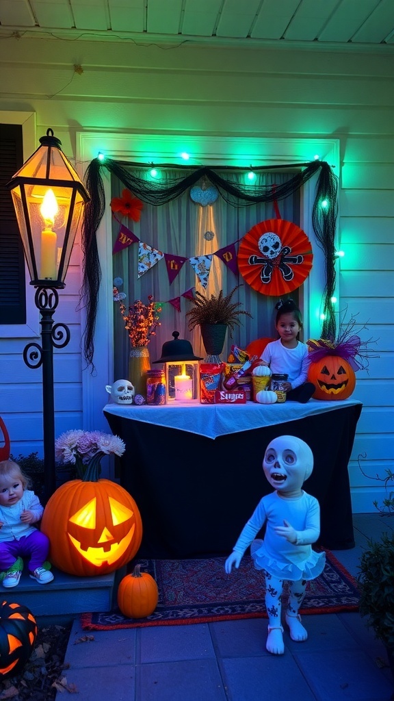 A Halloween candy station with pumpkins and decorations