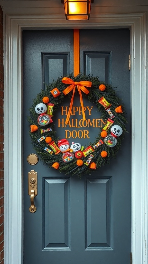 A Halloween wreath with a message 'HAPPY HALLOWEEN DOOR', featuring ghosts and candy decorations.