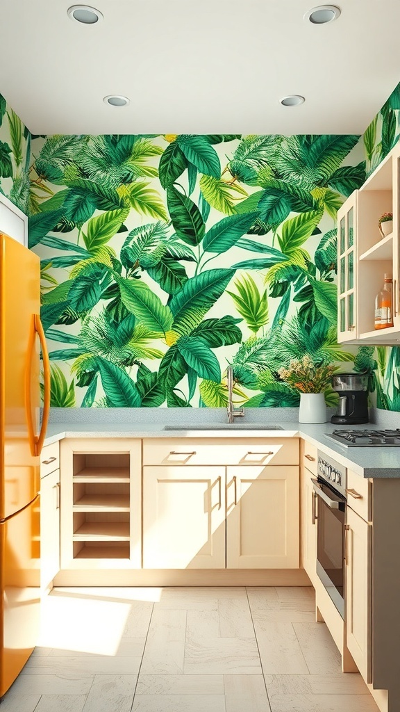 A kitchen with tropical leaf wallpaper and a bright yellow refrigerator.