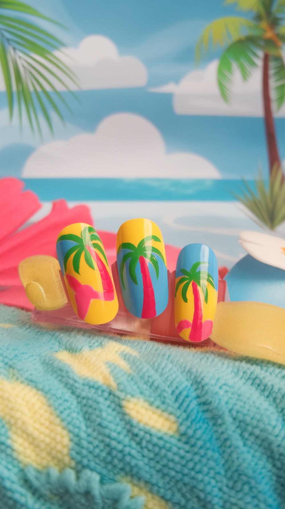 Colorful tropical summer nail designs featuring palm trees and flamingos.