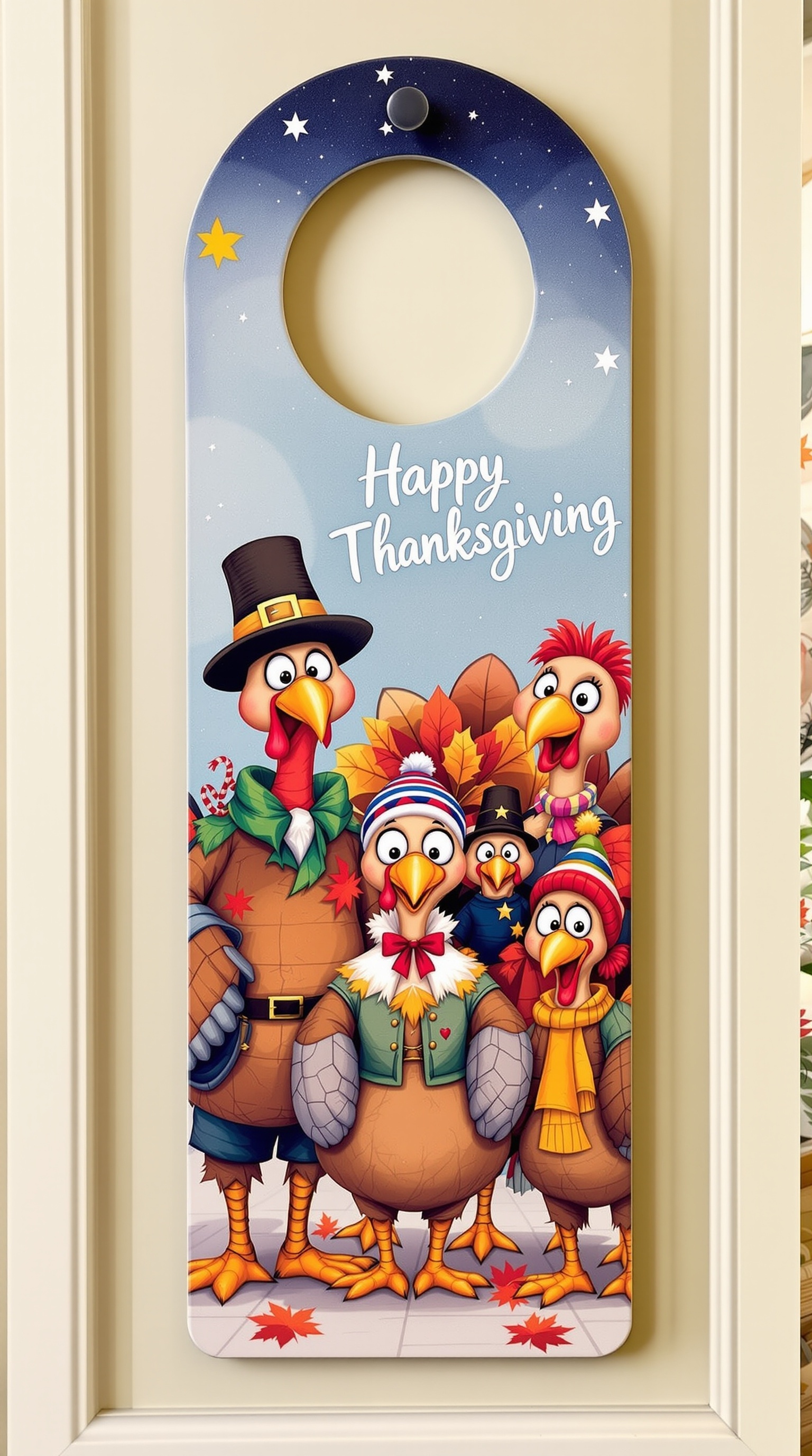 A colorful door hanger featuring a turkey family with a festive theme.
